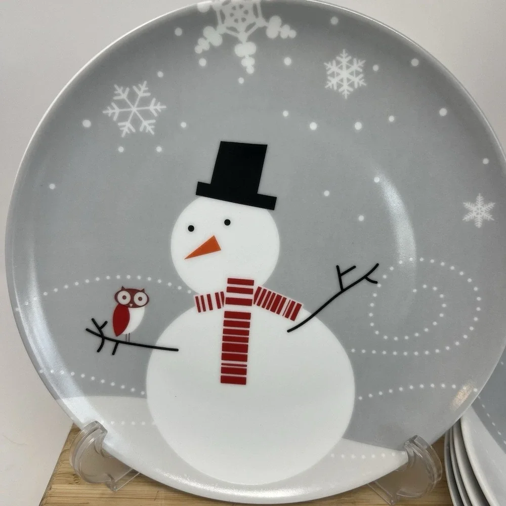 Rachael Ray Little Hoot & Snowman Salad Dessert Plate Set Of 5 Winter Owl Snow - Picture 1 of 4